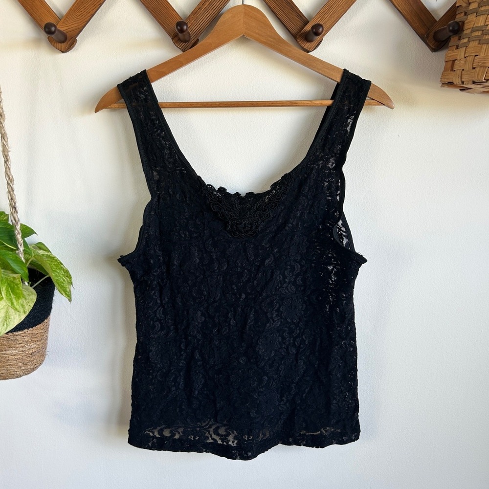 Delicates Vintage Black Lace Tank Top Floral Applique Sheer Scoop Neck Medium